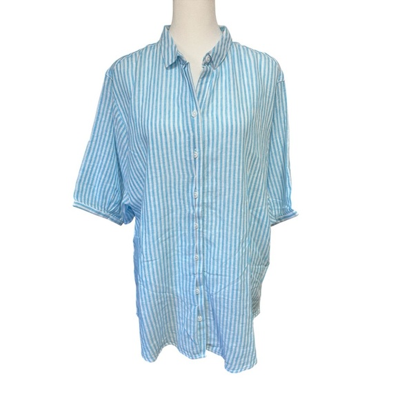 BEACH LUNCH LOUNGE Linen Button Up Top Swim Cover Up Blue White Stripes Coastal - Picture 1 of 9